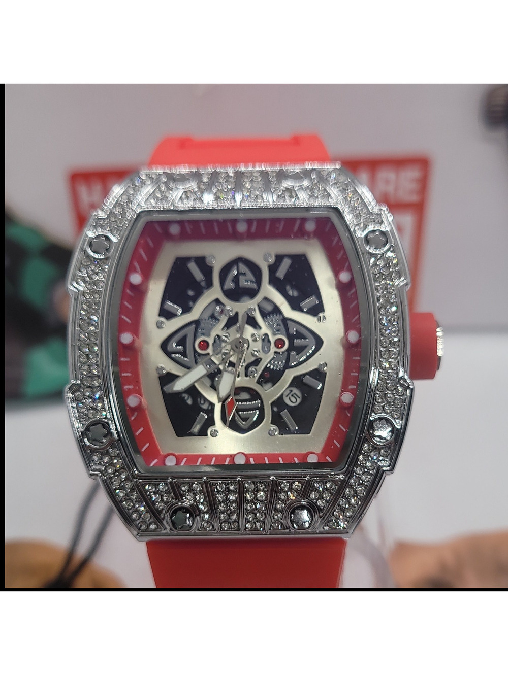 256 AJ Luxury Diamond Bezel Red Silicone Strap Skeleton Dial Silver Analog Watch